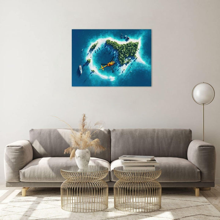 ARTTOR Bilder auf Glas Hubschrauber Ozean Insel Paradies Glasbild 70x50cm Wandbilder Dekoration Wohn