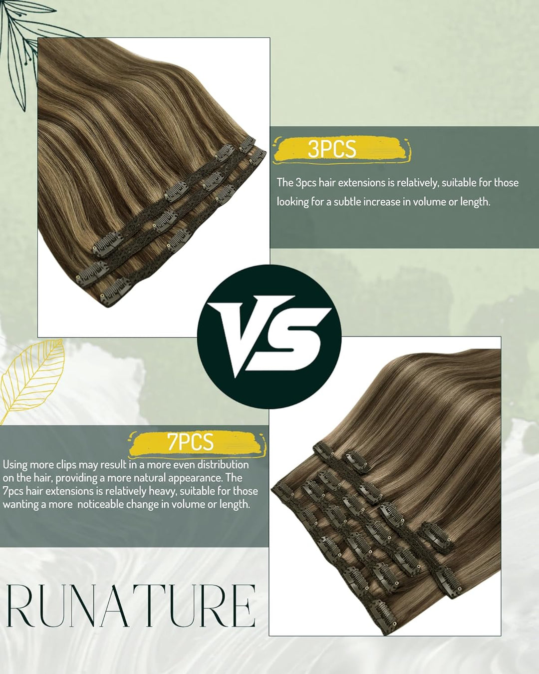RUNATURE Echthaar Extensions Clip Braun Hervorheben 25cm 3pcs Clip in Extensions Echthaar Seamless C