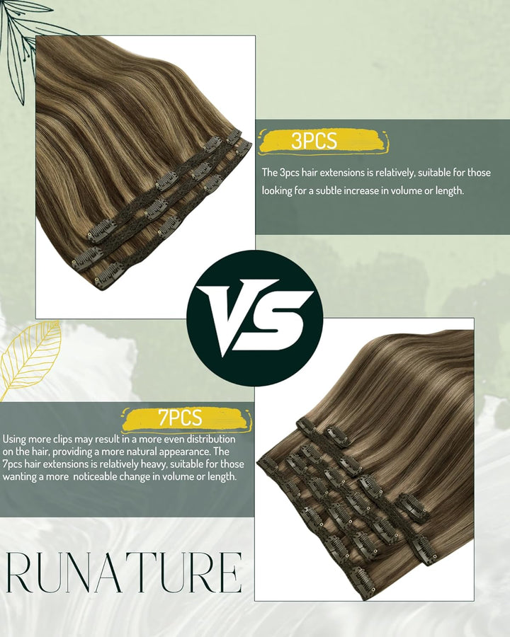 RUNATURE Echthaar Extensions Clip Braun Hervorheben 25cm 3pcs Clip in Extensions Echthaar Seamless C