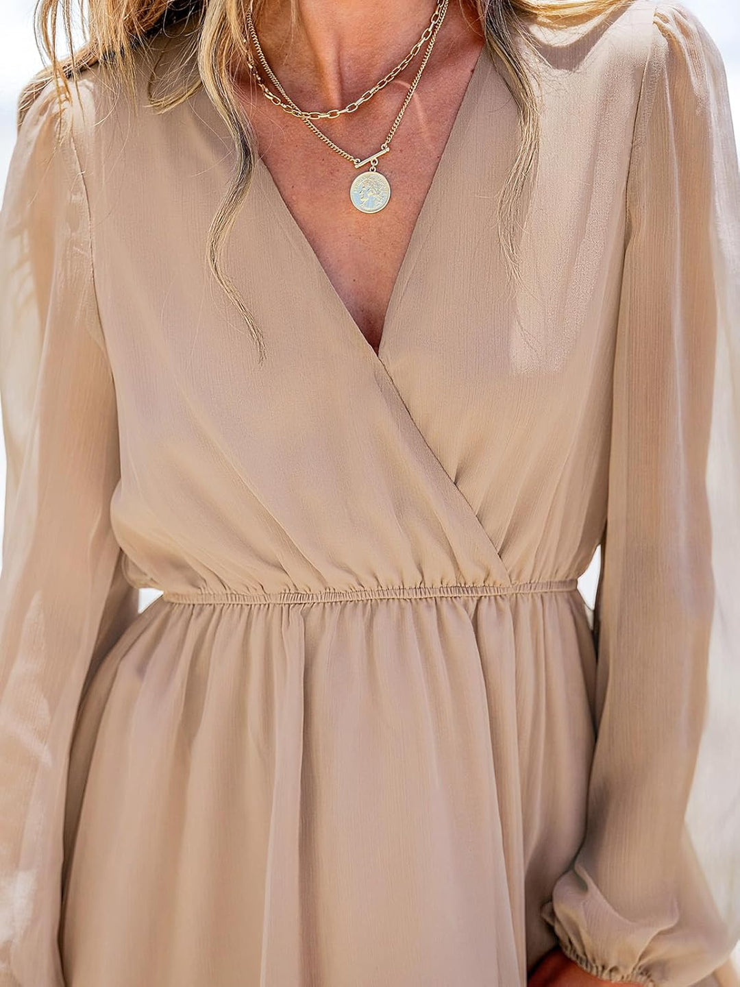 CUPSHE Damen Kleid V Ausschnitt Wickeloptik Transparente Lange Ärmel Blumenmuster Freizeitkleider Wr