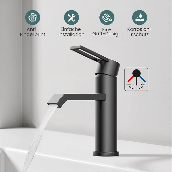 Wasserhahn Bad Waschtischarmatur Schwarz Matt, HURRAN Waschtischarmaturen Wasserhahn Badezimmer, Ede