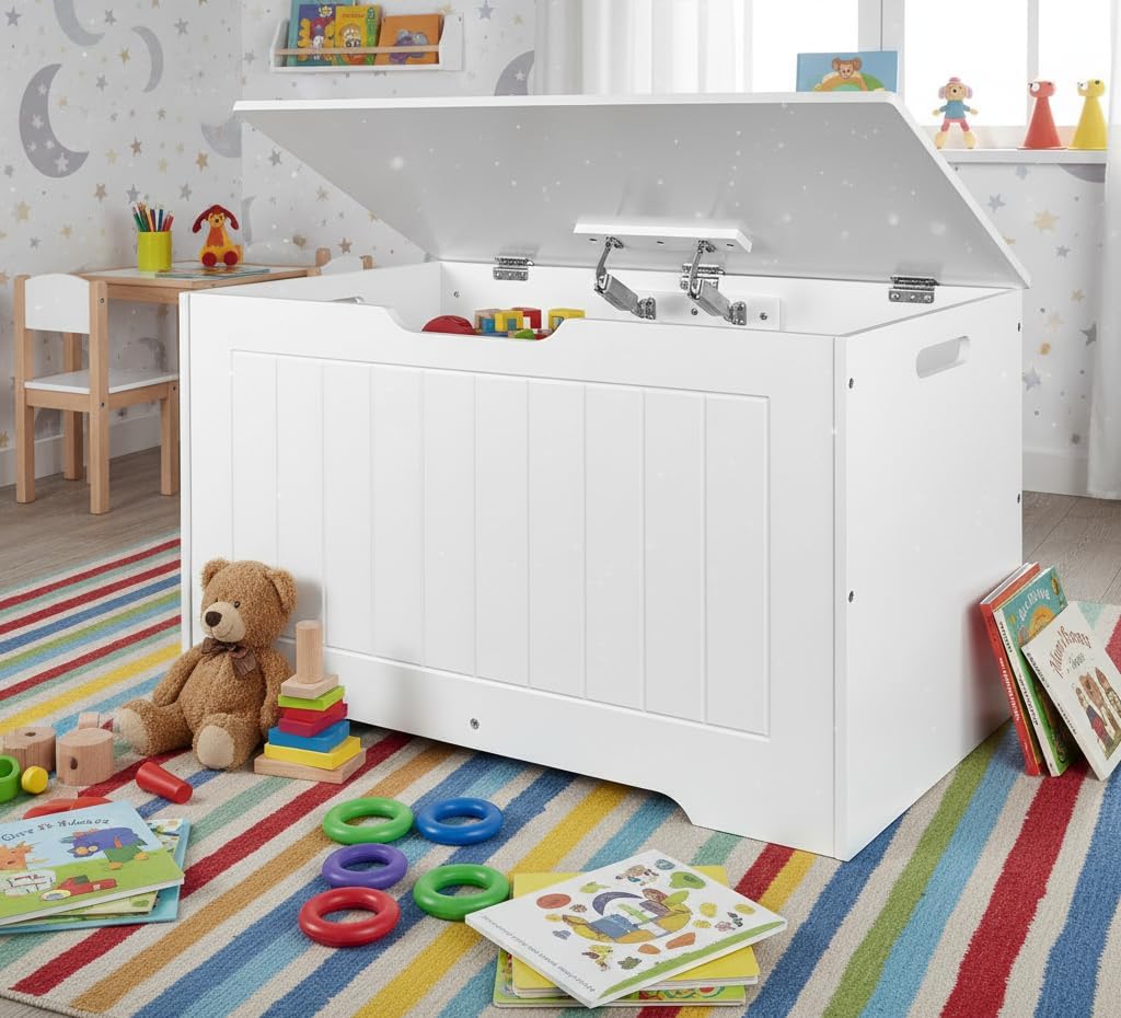 Leomark Weisse Aufbewahrungsbox mit Deckel DECORIA Spielzeugtruhe aus Holz, Kinderbank und Stauraum,