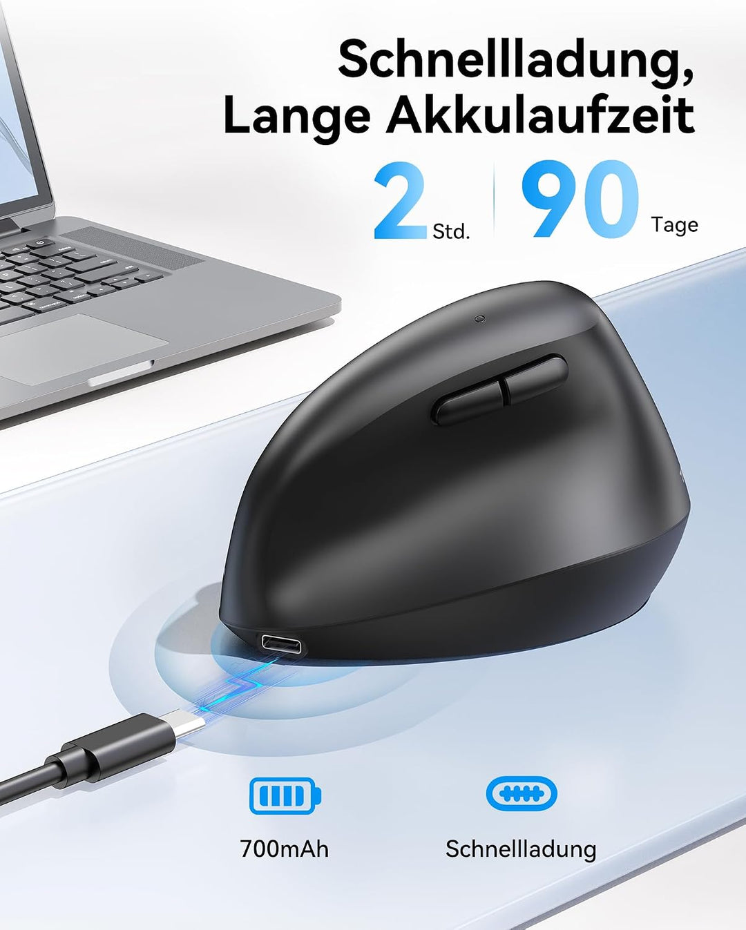 TECKNET Vertikale Ergonomische Maus Wiederaufladbare | 6 Einstellstufen bis zu 4800 DPI, 2.4G + BT (