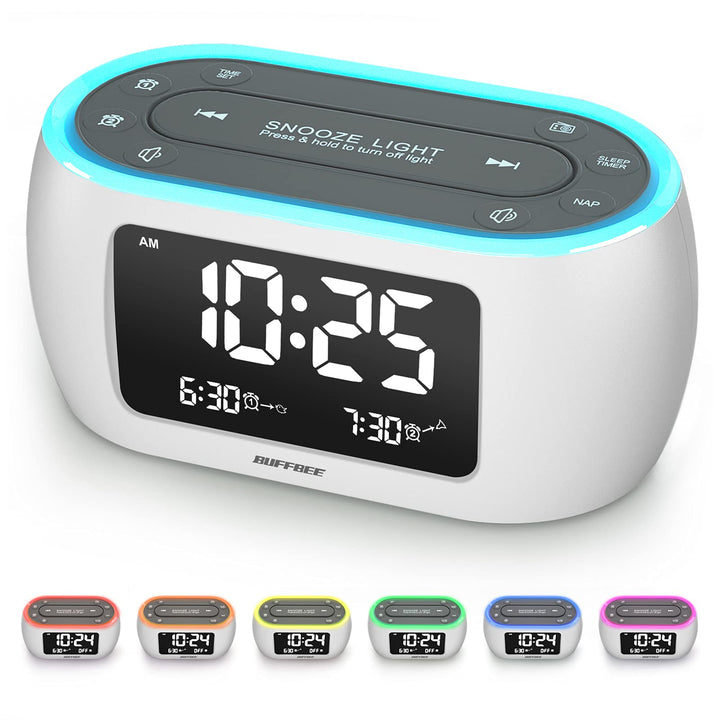 BUFFBEE Radiowecker mit 7-Farben-Nachtlicht, Doppelalarm, Schlummerfunktion, Dimmer, USB-Ladegerät,