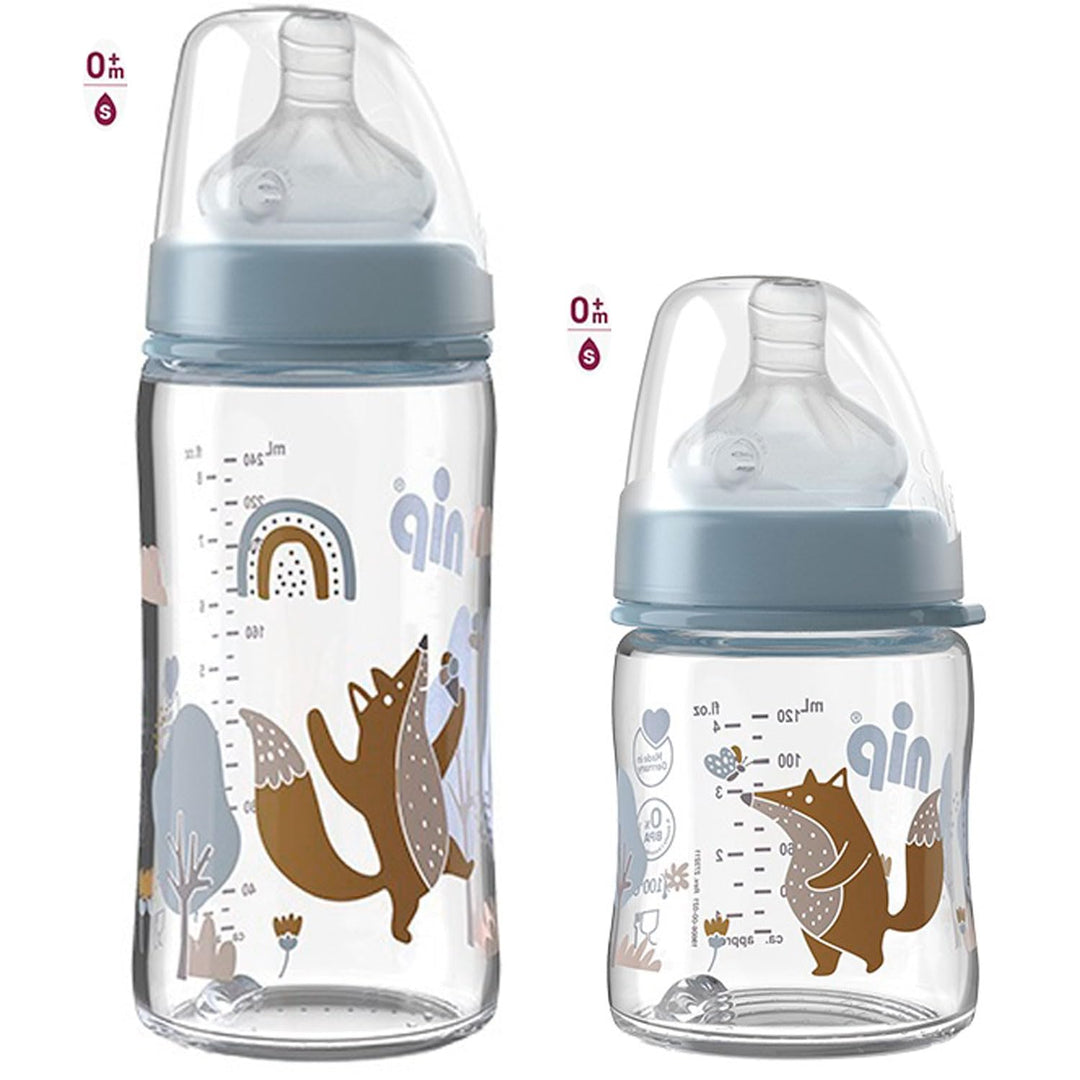 NIP Weithalsglasflasche GLAS Flasche, 2er Set, 120 ml + 240 ml Weithalstrinksauger Silikon, Sauger G