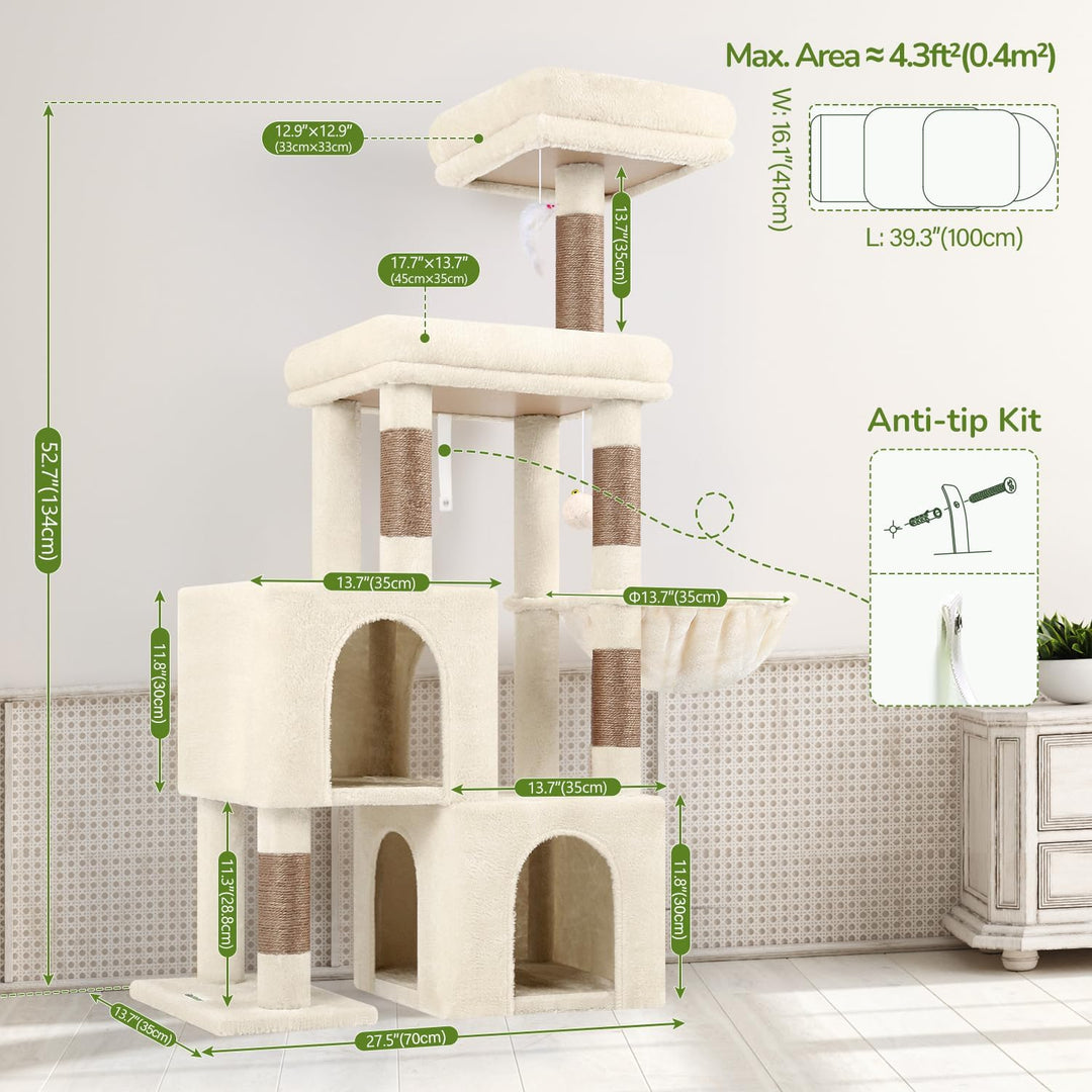 Globlazer Kratzbaum Beige mit 2 Katzenhaus, Grosse Gepolsterte Plattform, Sitzstangen, Katzenkorb, S