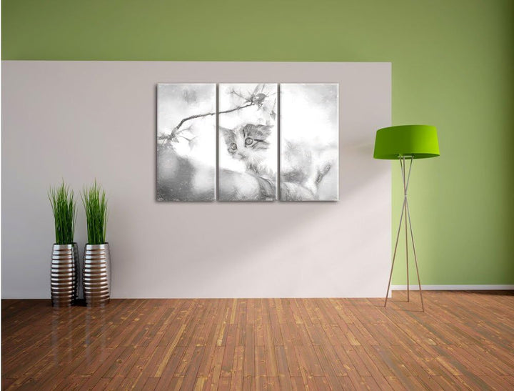 Pixxprint Süsses Kätzchen im Kirschbaum Kunst als Leinwandbild 3 teilig/Grösse: 3 Teilig (120x80) /