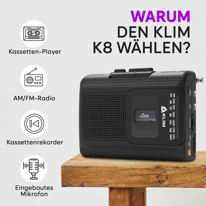 KLIM K8 Kassettenspieler mit Fusion-Kopfhörern - Kassettenrekorder - NEU Cassette Player - AM/FM Kas