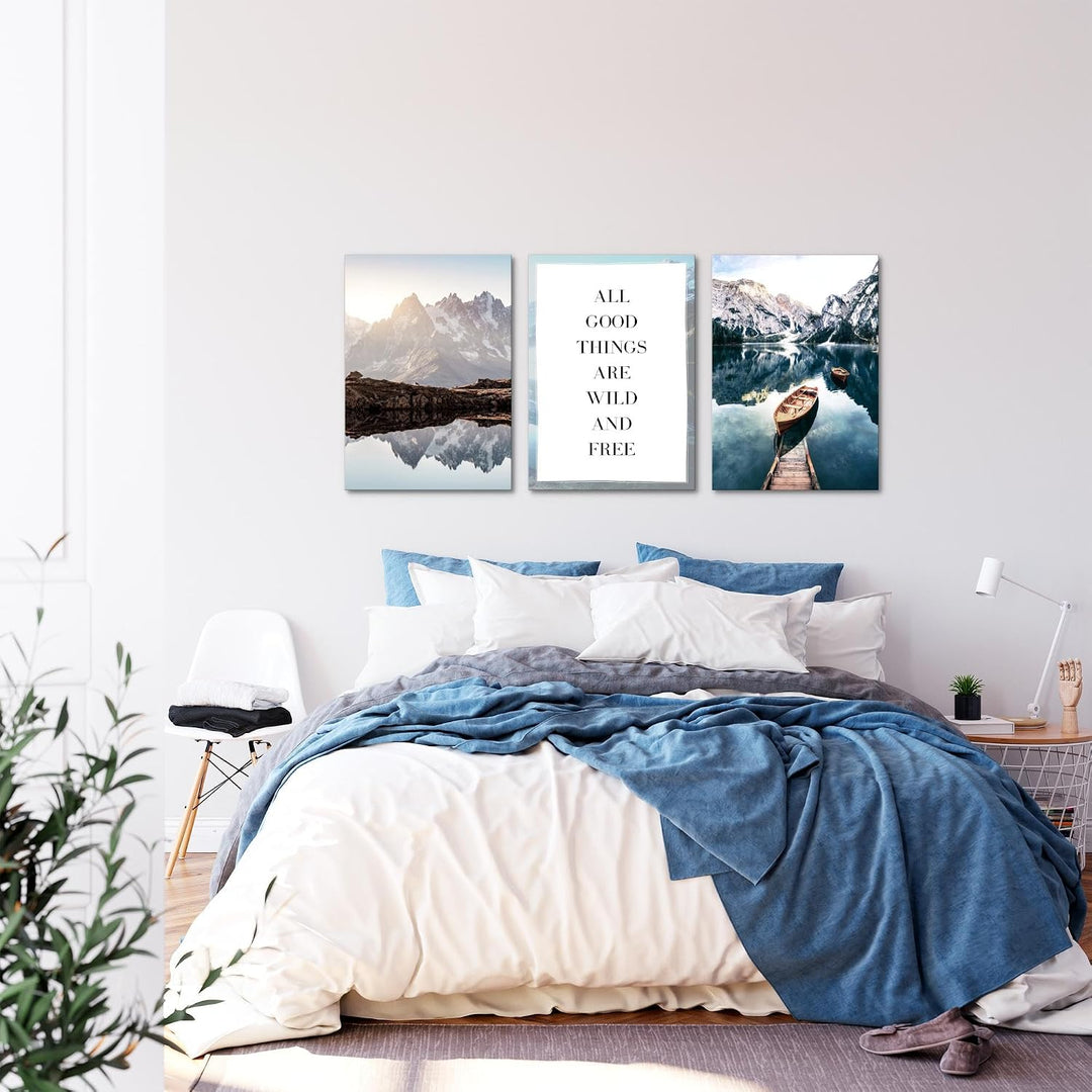 Novart Wandbilder Set Berge und See - KOMPLETT AUFHÄNGFERTIG - Wohnzimmer Schlafzimmer Deko - 3 Mode