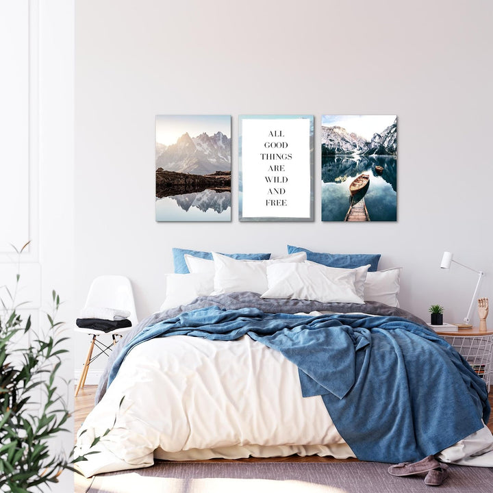 Novart Wandbilder Set Berge und See - KOMPLETT AUFHÄNGFERTIG - Wohnzimmer Schlafzimmer Deko - 3 Mode