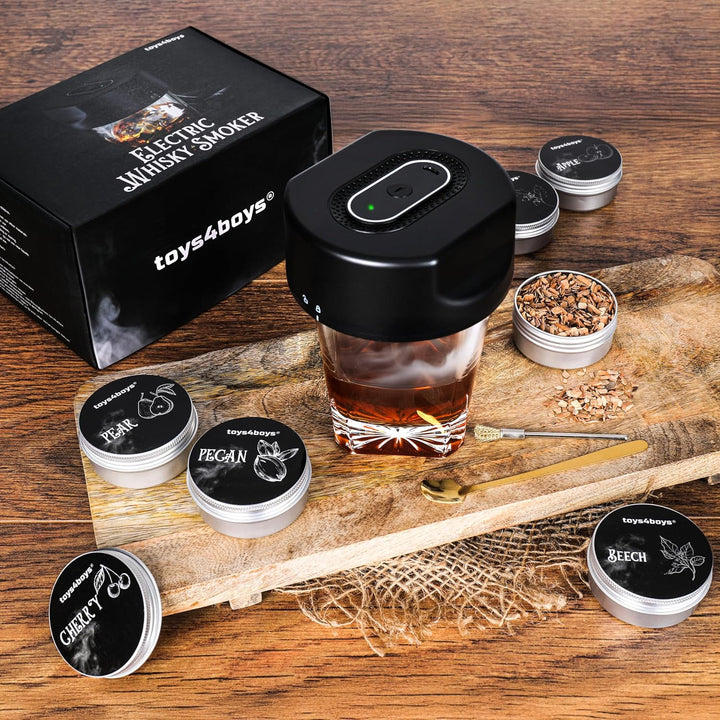 Toys4Boys Elektrischer Whisky Smoker Set - Whiskey Smoker Kit mit 6 Holzsorten - USB Räuchergerät fü