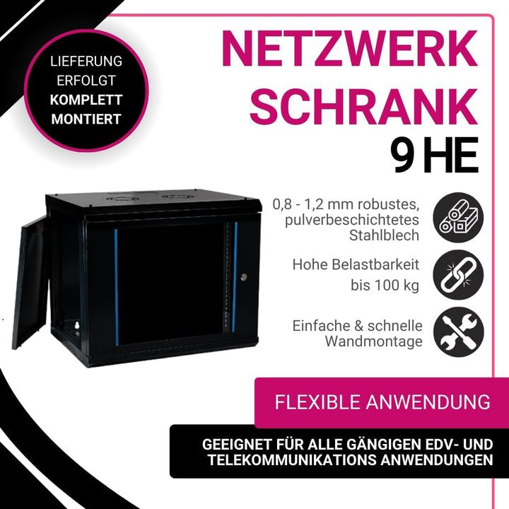 Koscom Connect Netzwerkschrank 9 HE I Serverschrank 19 Zoll I Wandmontage 600 x 450 x 503 mm I voll