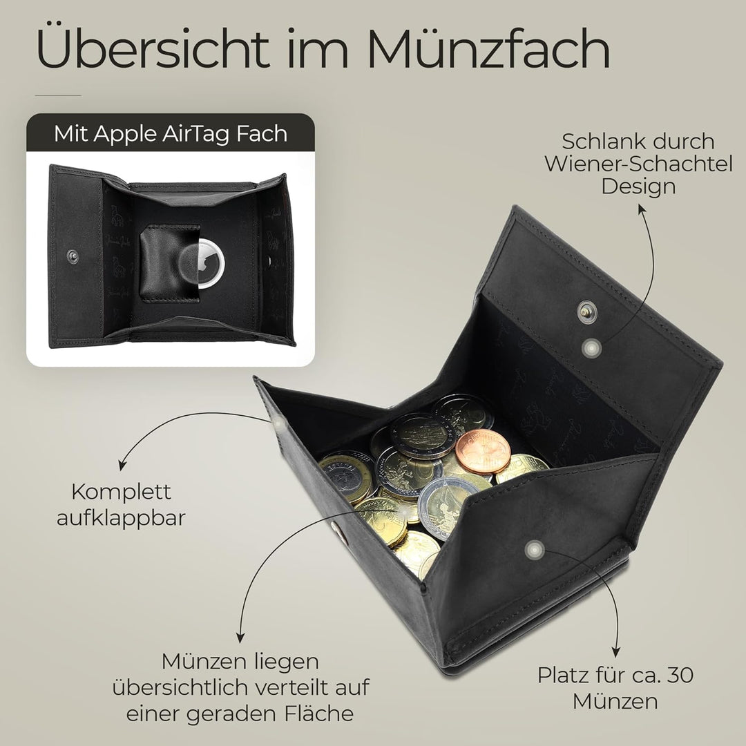Jaimie Jacobs Flap Boy AirTag Edition Magic Wallet mit Münzfach Echtleder (Büffelleder Schwarz), B&#