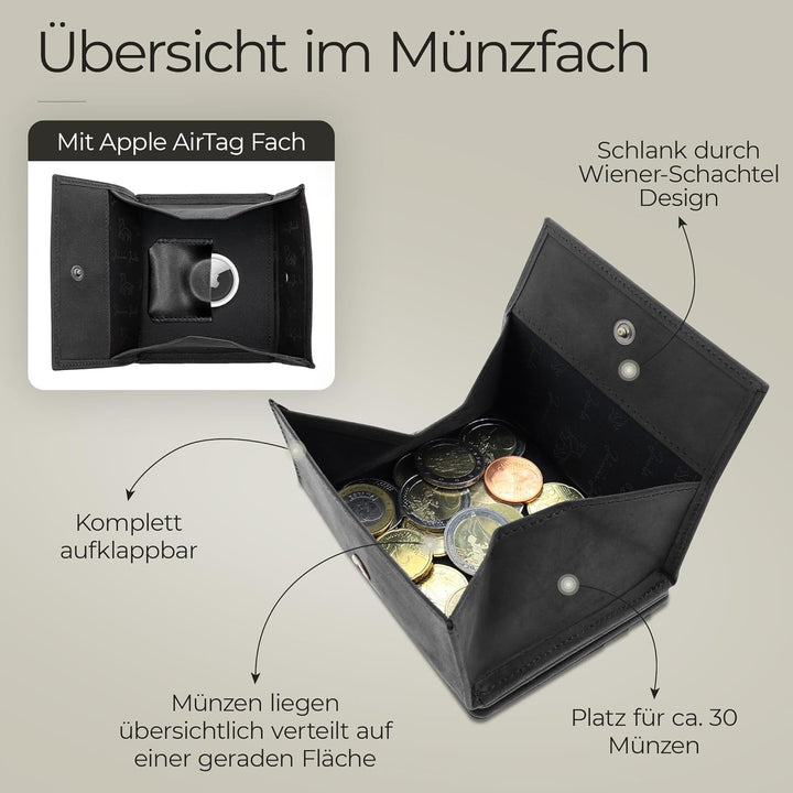 Jaimie Jacobs Flap Boy AirTag Edition Magic Wallet mit Münzfach Echtleder (Büffelleder Schwarz), B&#