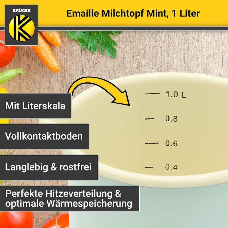 Krüger Emaille-Milchtopf Mint 12cm, 1 Liter - Topf mit Vollkontaktboden für energiesparendes Kochen