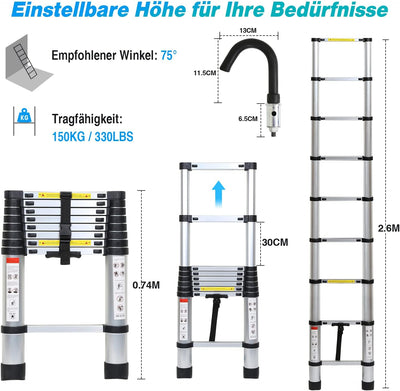 Joparri Aluminium Teleskopleiter mit Abnehmbarem Haken, 2.6M Ausziehbare Leiter, Rutschfester Alulei