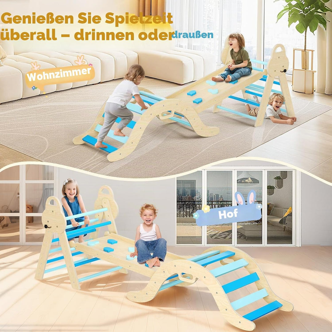 7-in-1 Montessori Klettergerüst Indoor, Kletterdreieck mit Rutsche &amp; Kletterbogen, stabiles Holzklet