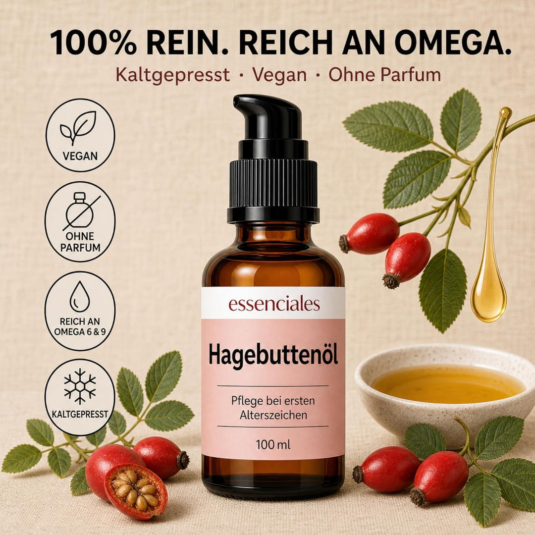 Essenciales Hagebuttenöl 100 ml | Wildrosenöl Pflegeöl für Gesicht & Körper | Kaltgepresst, Vegan |