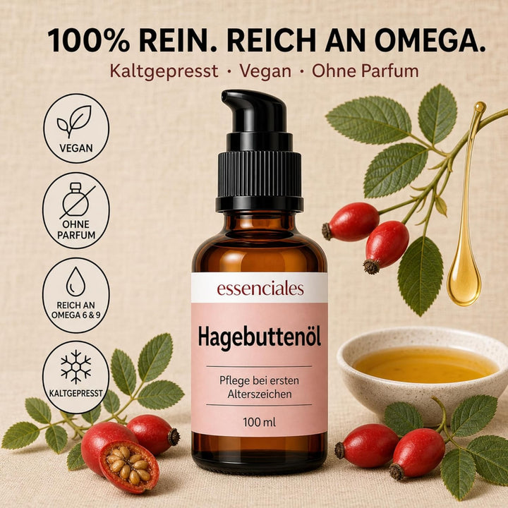 Essenciales Hagebuttenöl 100 ml | Wildrosenöl Pflegeöl für Gesicht & Körper | Kaltgepresst, Vegan |