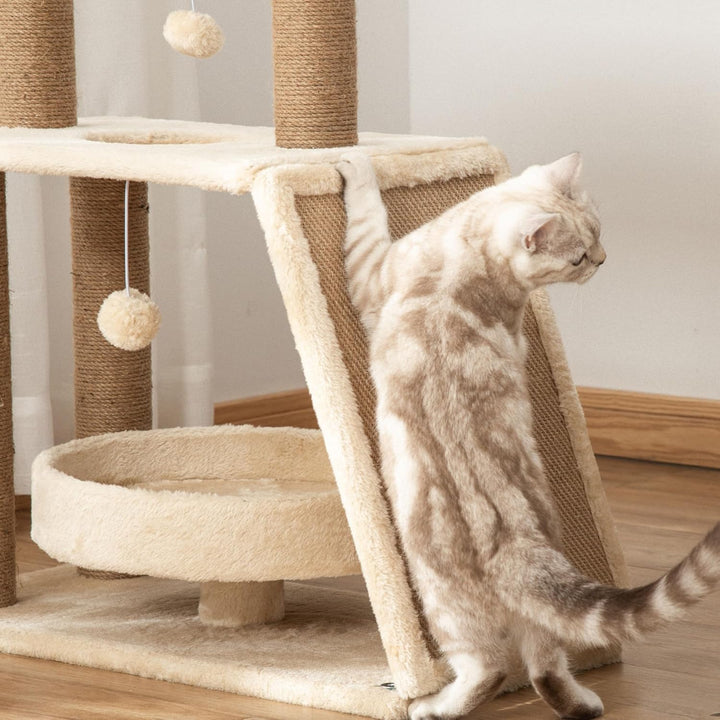 PawHut Kratzbaum mit 2 Spielball für Mittelgrosse Katzen 76 cm Hellbraun | Sisalstämme, Bett, Kratzb