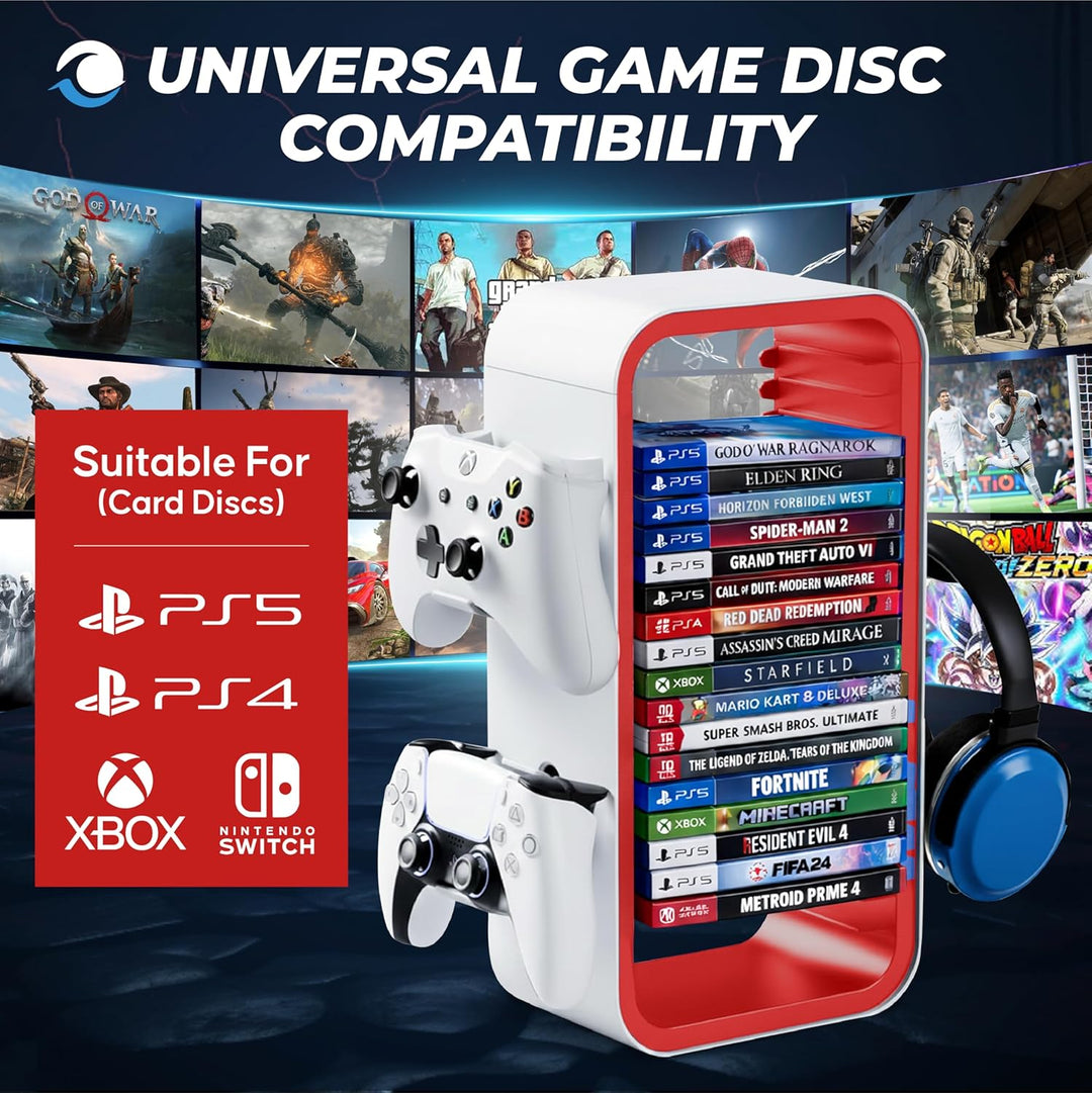 Universal Games Storage Tower Pro - Bis zu 18 Spiele - Mit Controller Halterung für bis zu 4 Gamepad
