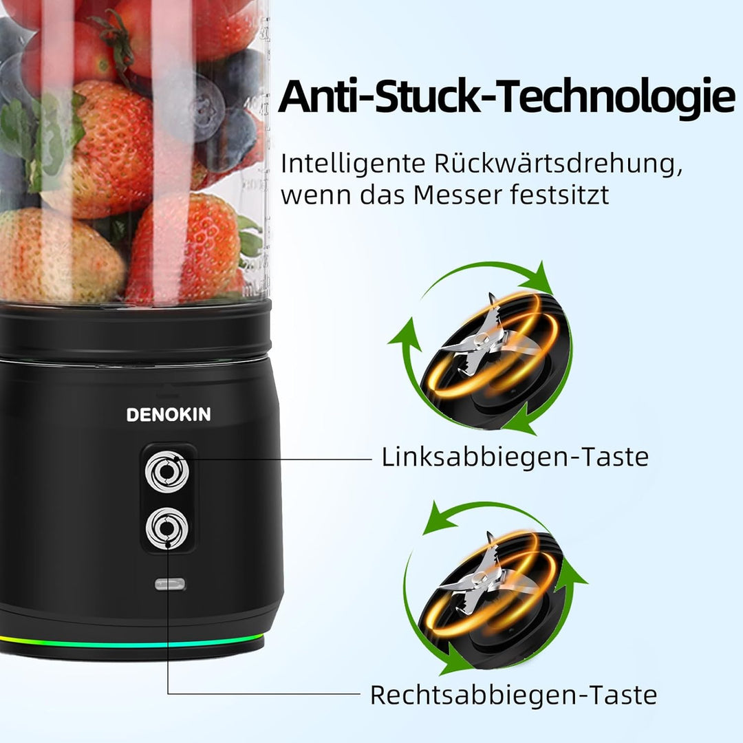 DENOKIN Tragbarer Mixer, 700ml Smoothie Maker to Go, Mini-Standmixer mit 6-Klingen Edelstahl, Wieder