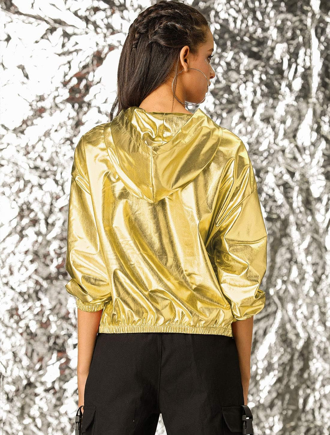 Allegra K Damen Bluson Langarm Metallic Jacke Holographic Party Reissverschluss Kapuzenjacke XL Gold