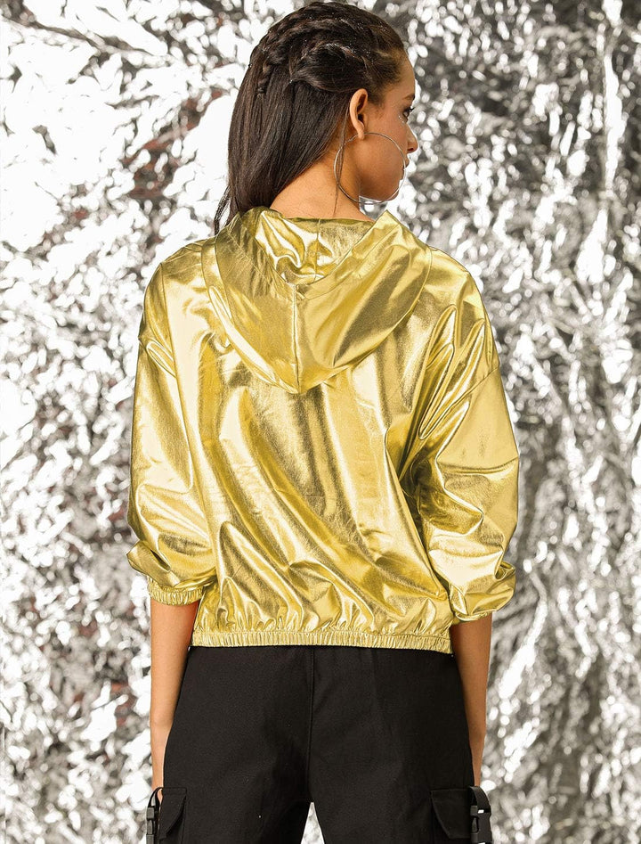 Allegra K Damen Bluson Langarm Metallic Jacke Holographic Party Reissverschluss Kapuzenjacke XL Gold