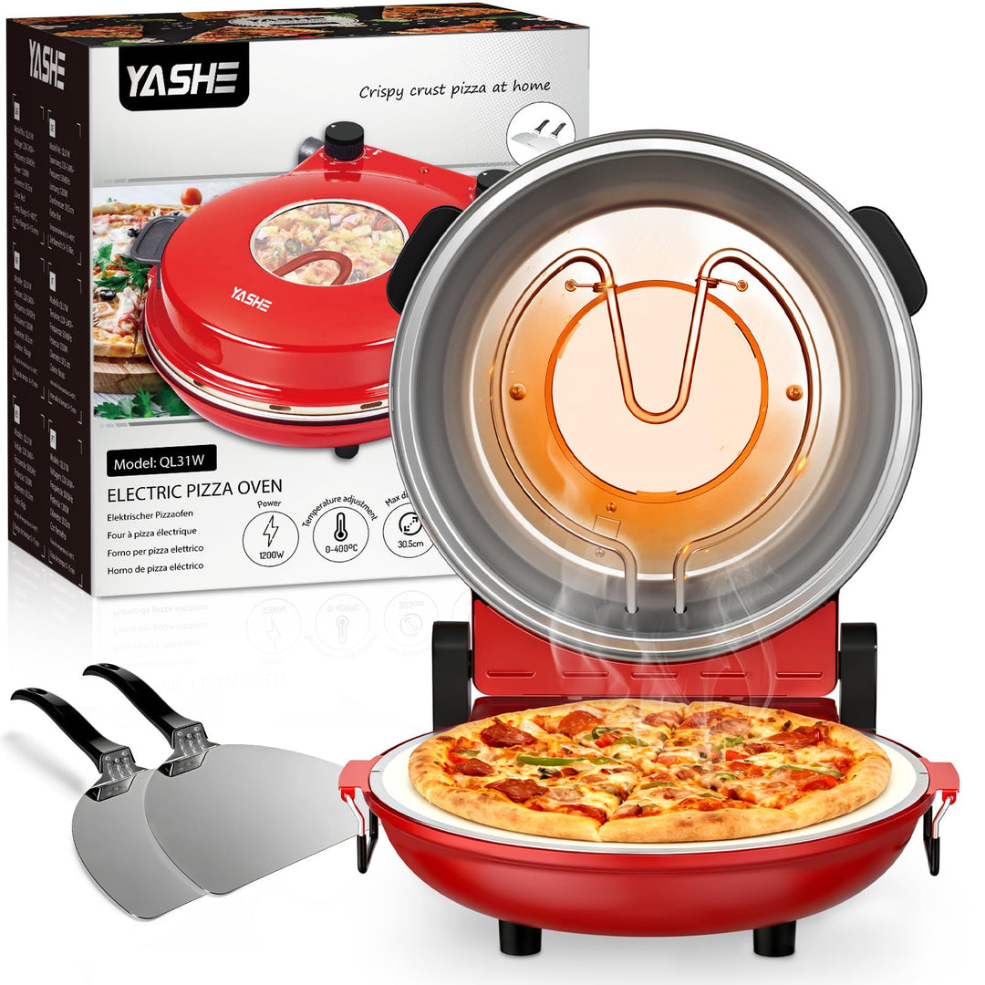 YASHE Elektrischer Pizzaofen für die Arbeitsplatte mit Pizzastein, Einstellbare Temperatur & Timer,