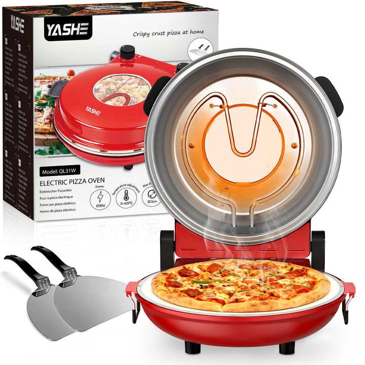 YASHE Elektrischer Pizzaofen für die Arbeitsplatte mit Pizzastein, Einstellbare Temperatur & Timer,