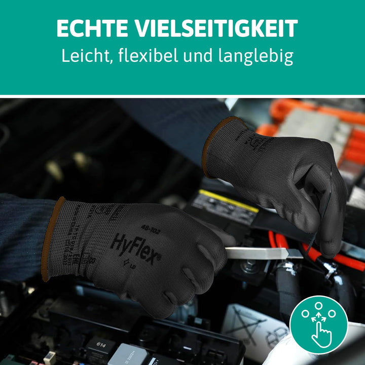 Ansell HyFlex 48-101 Dünne Arbeitshandschuhe mit PU Beschichtung, Leichte Schutzhandschuhe für Präzi