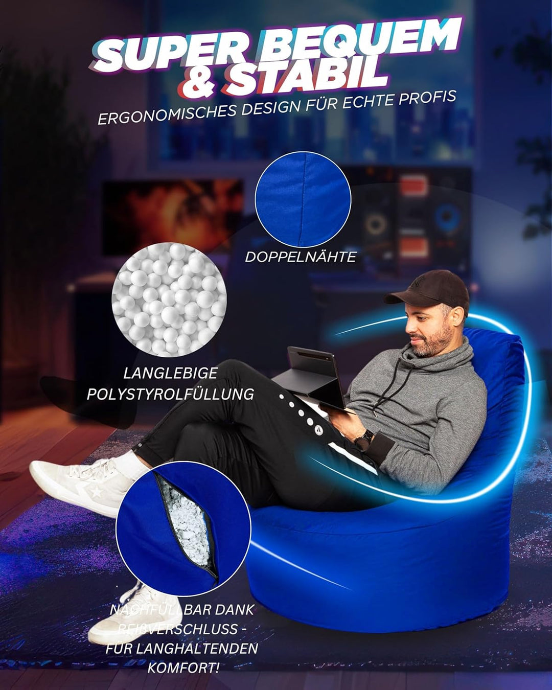 PATCH HOME Gamer Sessel Sitzsack Beanbag in 2 verschiedenen Grössen und 25 XXL - 80cm Durchmesser, 3