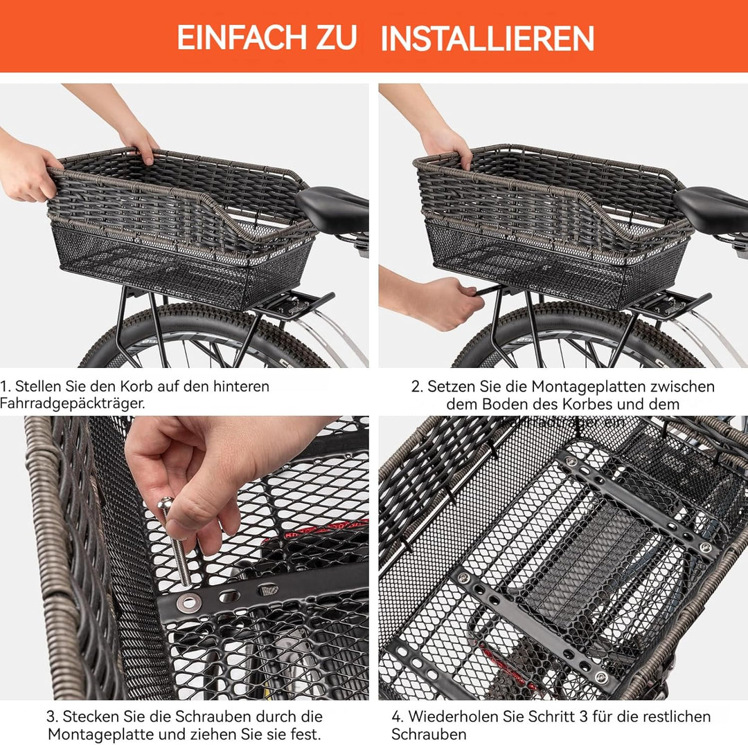 Fahrradkorb Hinten gross,25L Weave fahrradkörbe mitTragkraft bis 20 kg, Sockel aus Metall Schultasch
