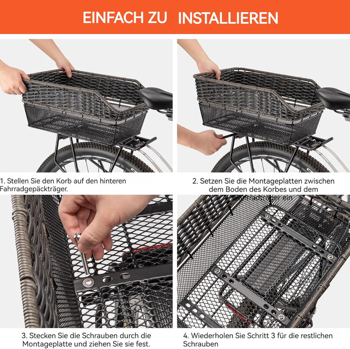 Fahrradkorb Hinten gross,25L Weave fahrradkörbe mitTragkraft bis 20 kg, Sockel aus Metall Schultasch