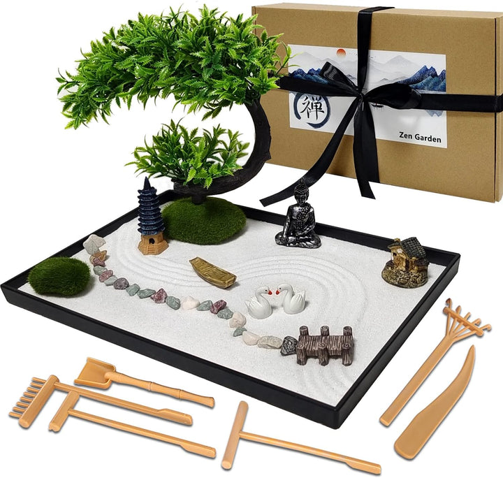 LuXianYS Japanischer Zen-Garten für den Schreibtisch,12x8 Zoll Home Zen Garten Set,Japanisches Zen S