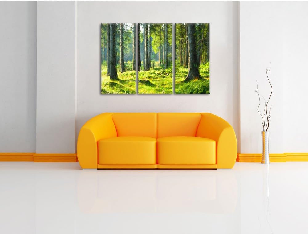 Pixxprint sonniger Tag im Wald / 3-Teilig/Gesamtmass 120cm Leinwandbild bespannt auf Holzrahmen/Wand