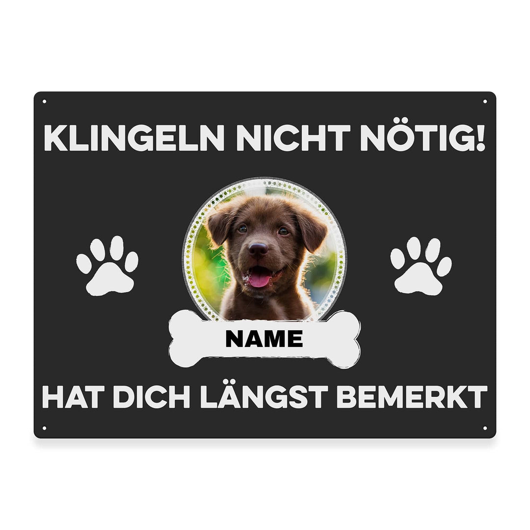Hunde Schild personalisiert - Klingeln nicht nötig - Metallschild mit Foto und Name für aussen, wett