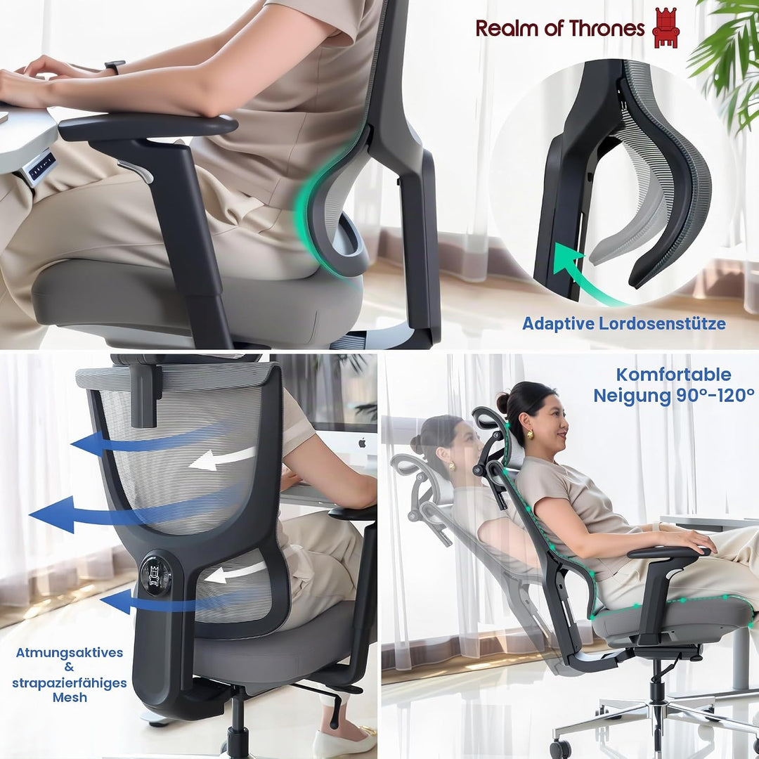 Realm of Thrones Admiral Ergonomischer Bürostuhl - verstellbar (Sitz/Rücken), 4D-Armlehnen, 3D-Kopfs