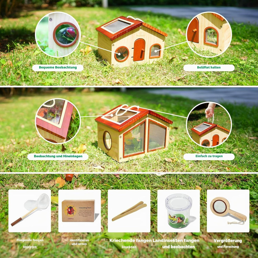 Kinder Forscherset & Bug Catcher für Kinder, Outdoor-Spielzeug mit tragbaren hölzernen Bug Habitat,