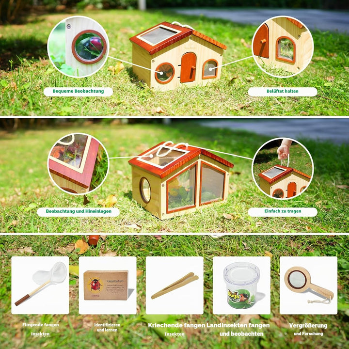 Kinder Forscherset & Bug Catcher für Kinder, Outdoor-Spielzeug mit tragbaren hölzernen Bug Habitat,
