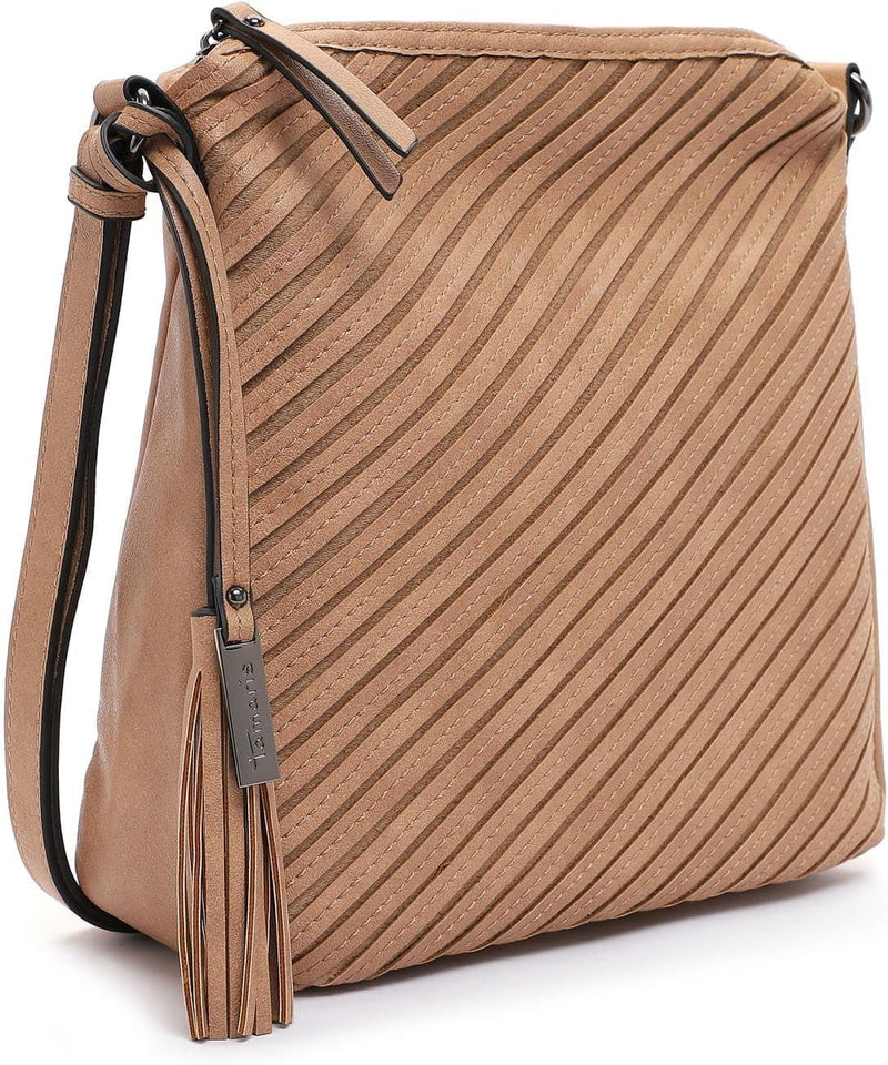 Tamaris Damen Umhängetasche Handtasche Streifendesign Logo Quaste Julina 32022, Farbe:Beige