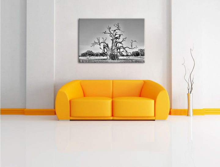 Pixxprint Monocrome, vertrockneter Baum in der Savanne, Format: 100x70 auf Leinwand, XXL riesige Bil