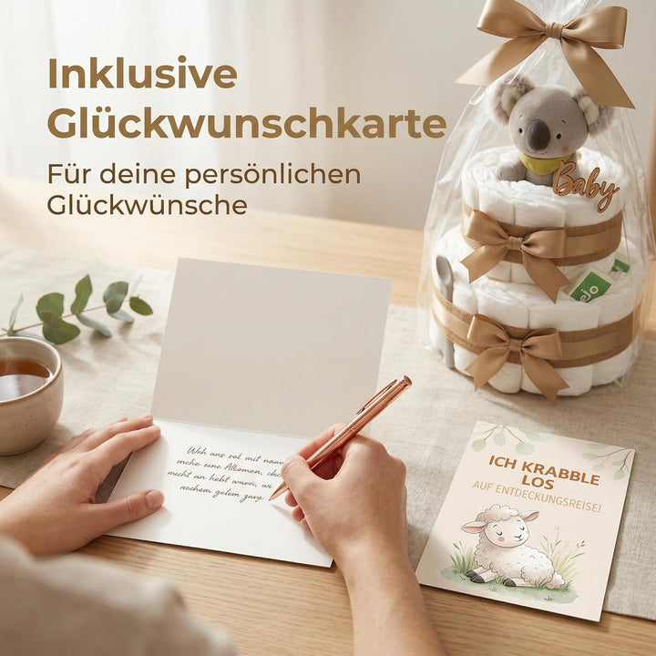 Windeltorte Mädchen & Junge mit Koala Greifling - Boho Vintage [Handmade] – Baby Geschenk zur Geburt