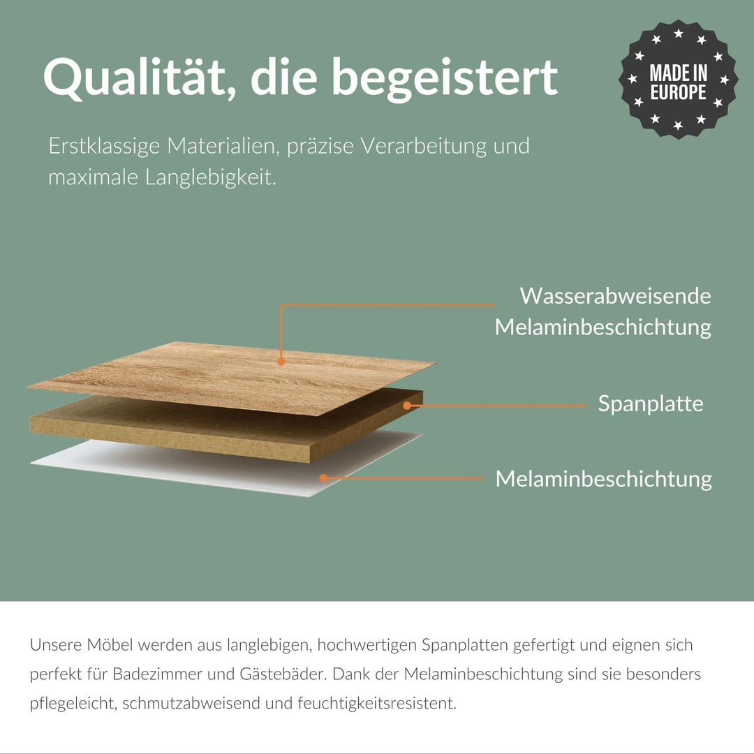 Planetmöbel Bad Midischrank in Gold Eiche 32cm, Hängeschrank für Badezimmer, Kleiner Badschrank für