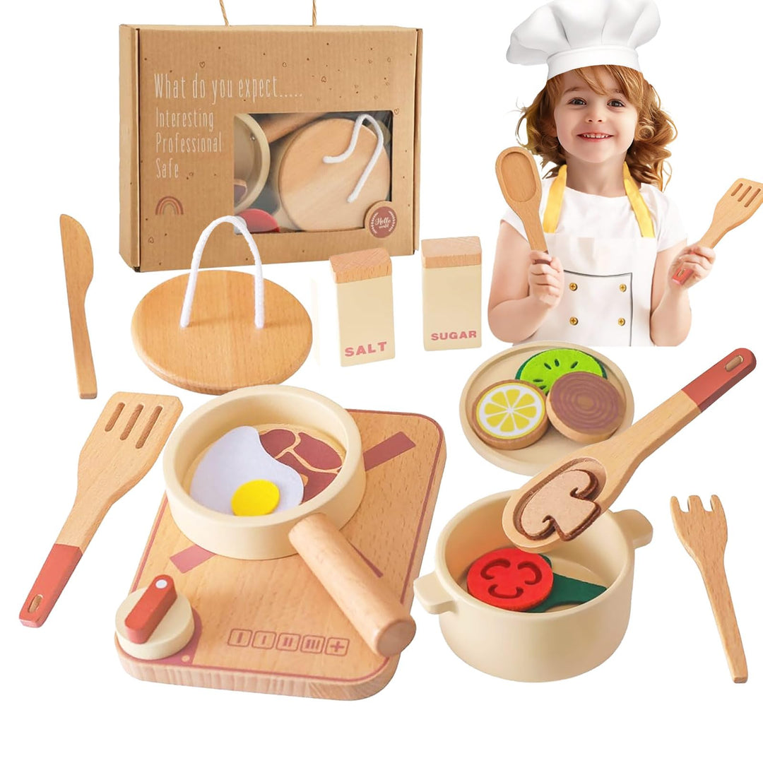 Topfset und Geschirr für Spielküche, Kinderküche Zubehör aus Holz, Küchenutensilien Pfanne Holzspiel