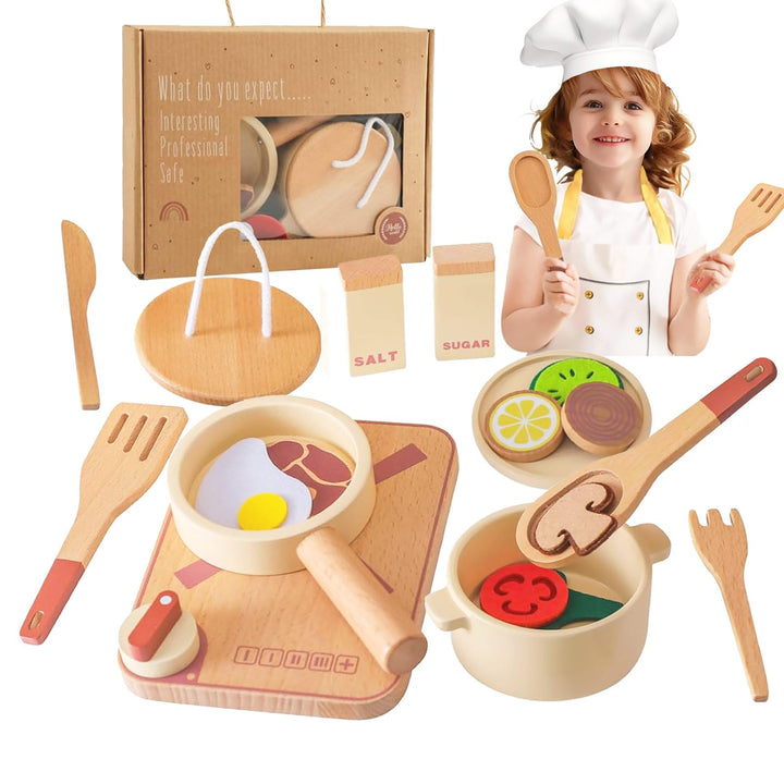 Topfset und Geschirr für Spielküche, Kinderküche Zubehör aus Holz, Küchenutensilien Pfanne Holzspiel
