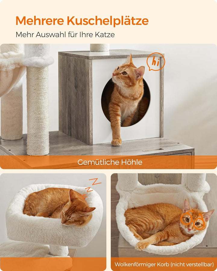 Feandrea Kratzbaum mit Katzenklo-Schrank, 150 cm hoch, 2-in-1 Katzenbaum, Schrank für Katzentoilette
