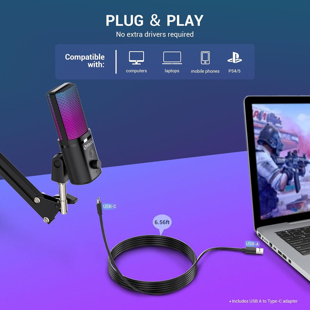 FDUCE M160 USB Gaming Mikrofon Set für PC,RGB Kondensator Podcasting Mikrofon mit Monitor Buchse,sch