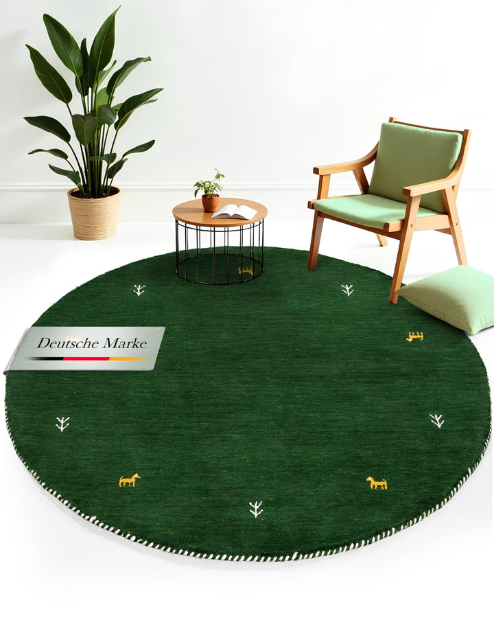 carpetfine Wollteppich Gabbeh Uni Rund Grün Ø 80 | Moderner Teppich für Wohn- und Schlafzimmer Ø 80