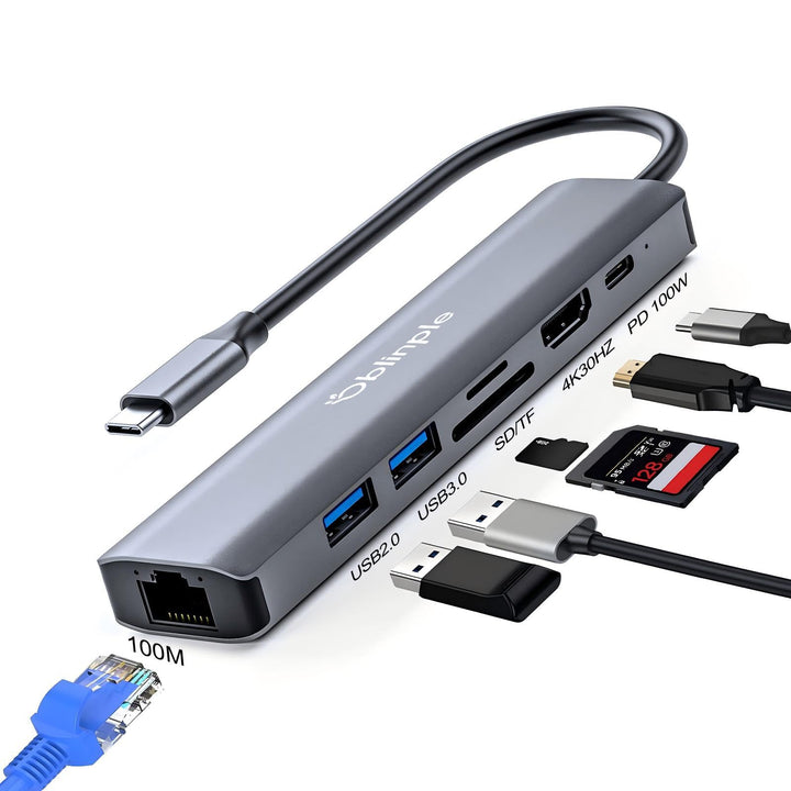 7 in 1 USB C Hub, Multiport Ethernet Adapter mit 4K HDMI, PD 100W, LAN RJ45, USB 3.0 5Gbps, USB 2.0